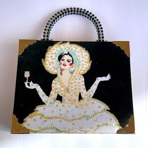 BRACIANO Sequined Model with Wine Glass on Vintage Cigar Box Purse